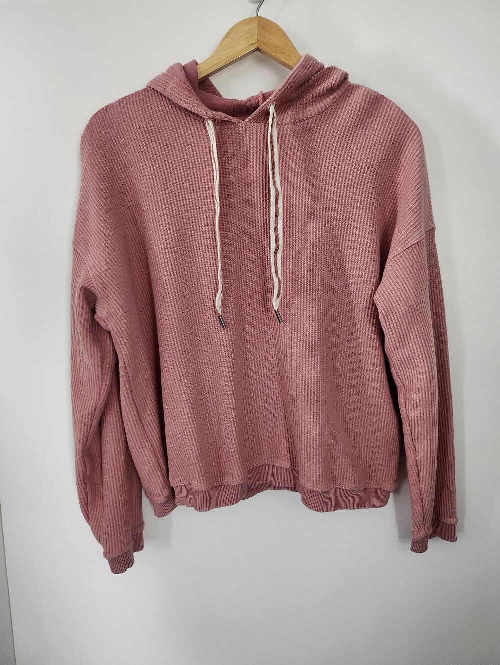 AERIE Size Medium Oversized Fit Crop Top Pullover Ribbed Knit Hoodie Dusty Rose